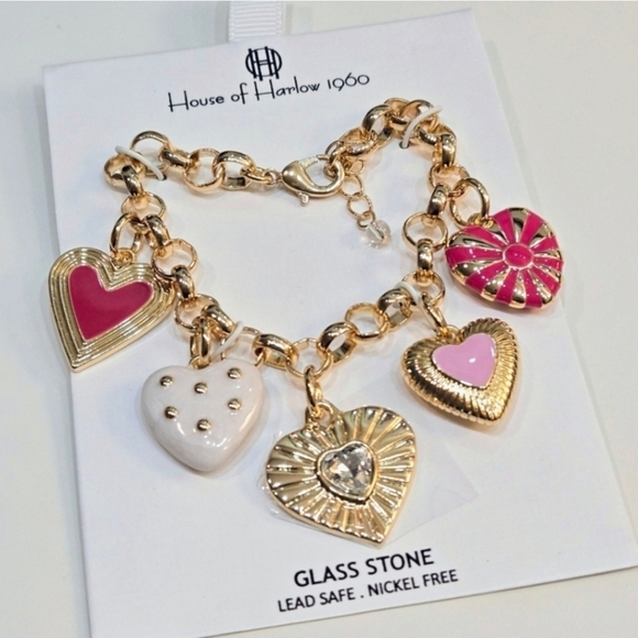 House of Harlow 1960 Jewelry - House of Harlow Viral Goldtone Crystal Heart Charm Bracelet NWOT